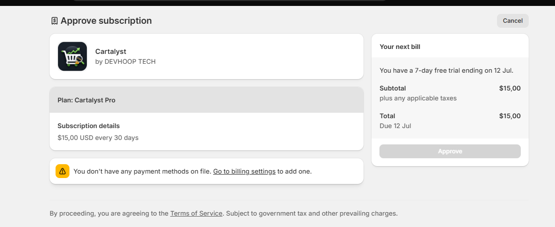 Shopify approve subscription screen for Cartalyst