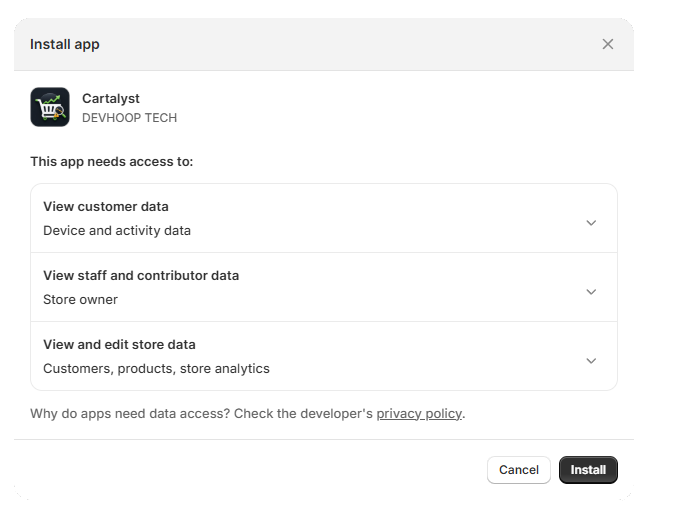 Shopify install app screen for Cartalyst